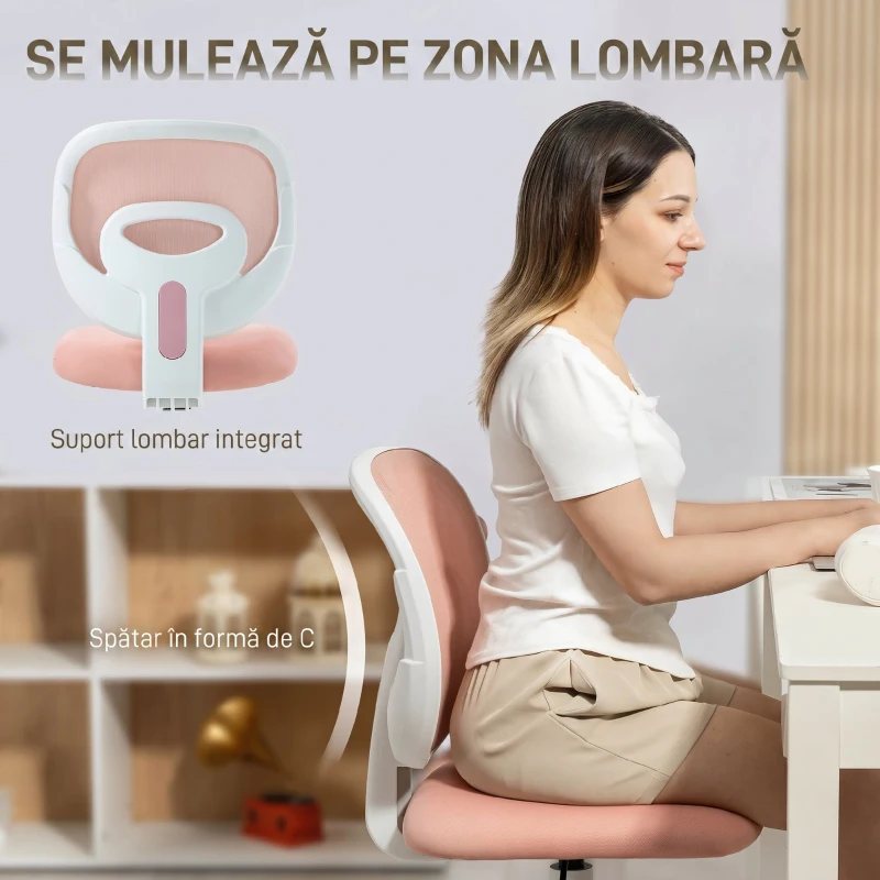 HOMCOM Scaun de Birou Ergonomic Rotativ din Material Tip Plasă Respirabil Fără Brațe, Înălțime Reglabilă, Roz