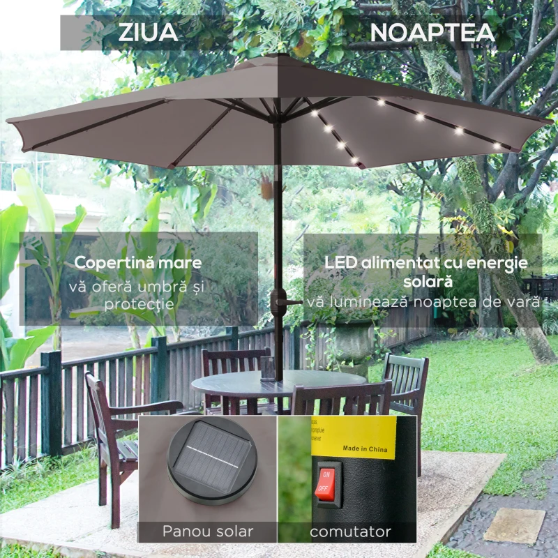 Outsunny Umbrelă de Grădină Reglabilă Ø265 cm cu 32 Lumini LED Solare și Manivelă, Umbrelă de Exterior cu 8 Bare de Sprijin, din Oțel, Poliester, pentru Terasă, Curte, Balcon, Gri