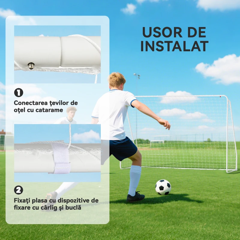 HOMCOM Poartă de Fotbal pentru Grădină și Parc cu 6 Țăruși în U, din PE și Metal Epoxidic, 301x120x200 cm, Alb