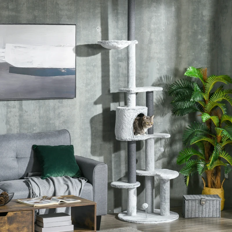 PawHut Kratzbaum mit Deckenspanner, Hängematte, Haus, Plattformen, Spielball, 225-255cm, Grau