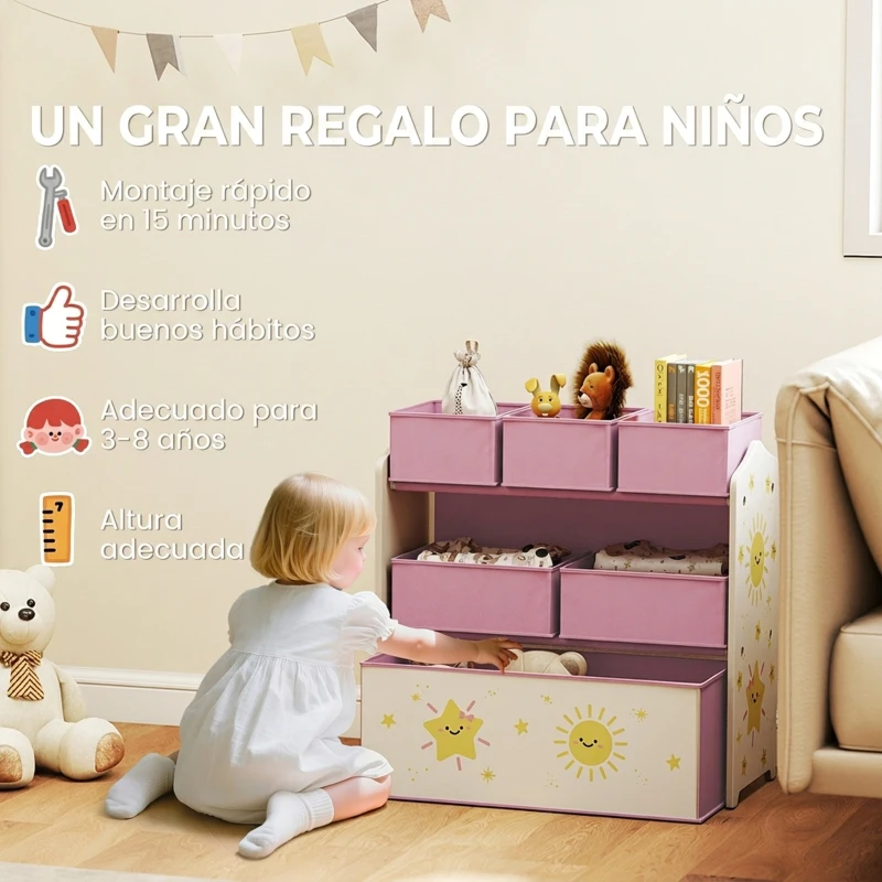 AIYAPLAY Estantería Infantil para Juguetes de 3 Niveles con 6 Cajas Extraíbles de Tela no Tejida para Guardería 63x30x66 cm Rosa