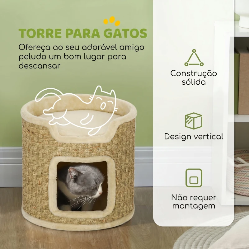 PawHut Barril Arranhador para Gatos 37 cm com Toca e Cama Superior em Sisal, Caqui