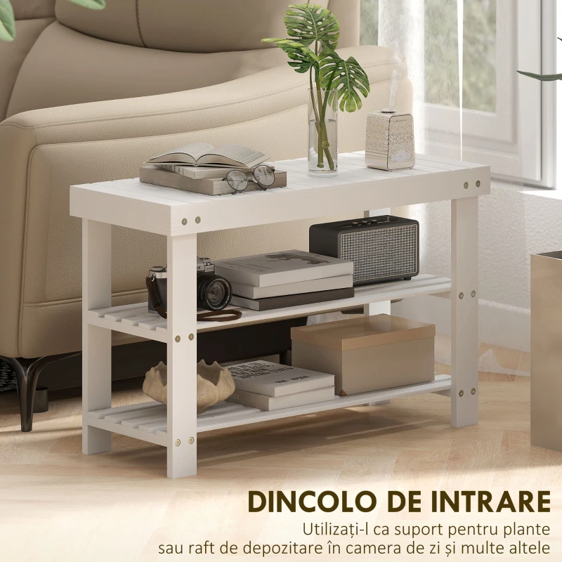 HOMCOM Bancă Joasă pentru Pantofi din Bambus cu 2 Rafturi și Șezut, 70 x 28 x 45 cm, Alb
