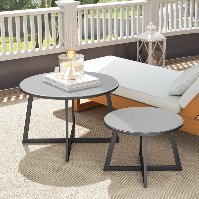 Outsunny 2er Set Beistelltisch Stapelbar Gartentisch Rund wetterfest Balkontisch mit X-Beine Glasplatte Stahl Schwarz+Grau