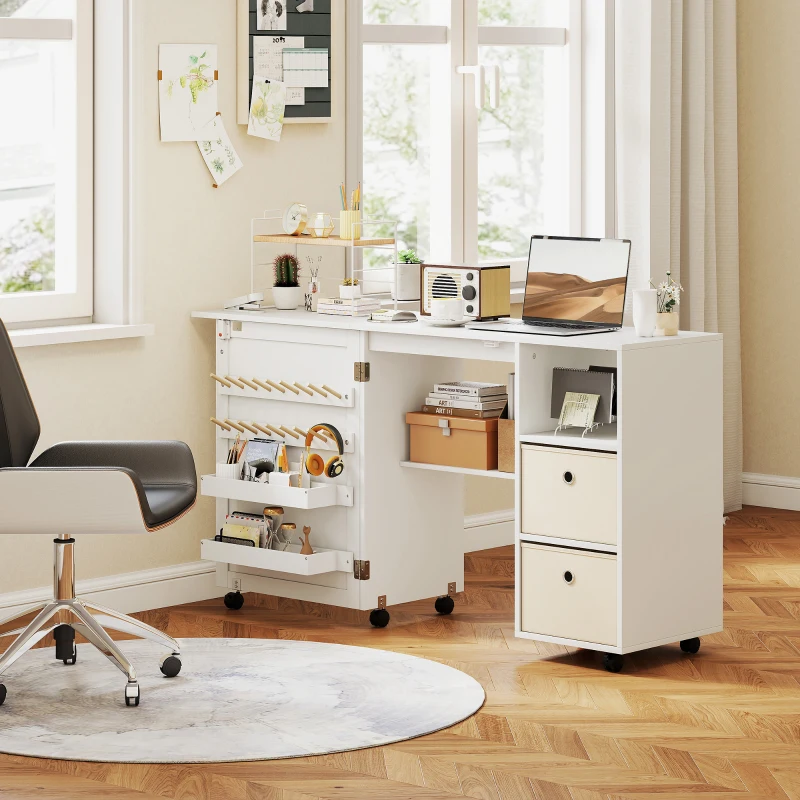 HOMCOM Mesa de Costura Dobrável com 6 Rodas Móvel para Máquina de Costura com 18 Pinos para Linhas 2 Gavetas 146,4x40x77,5 cm Branco