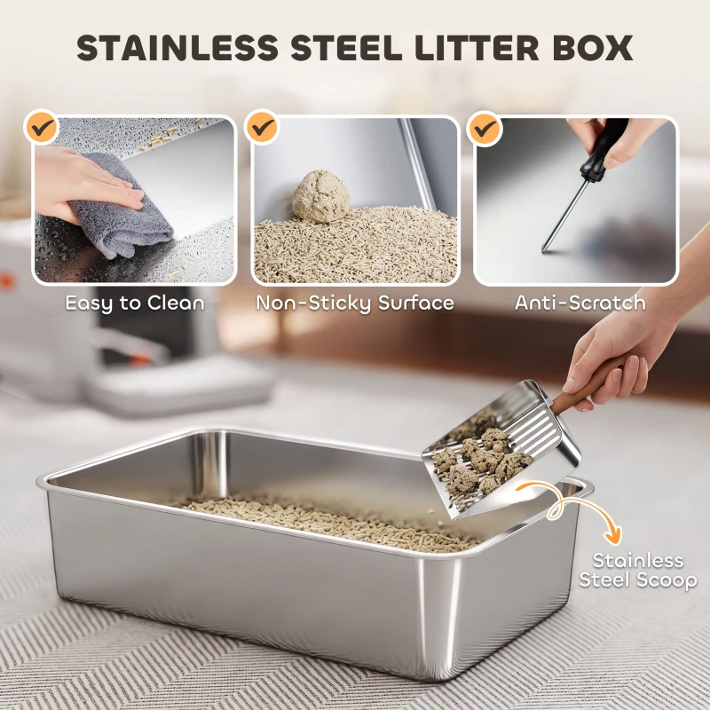 PawHut Bac à Litière pour Chat Maison de Toilette en Acier Inox Bord 40cm Anti-Fuite Couvercle Anti-Odeur 60x40x40cm Gris Clair