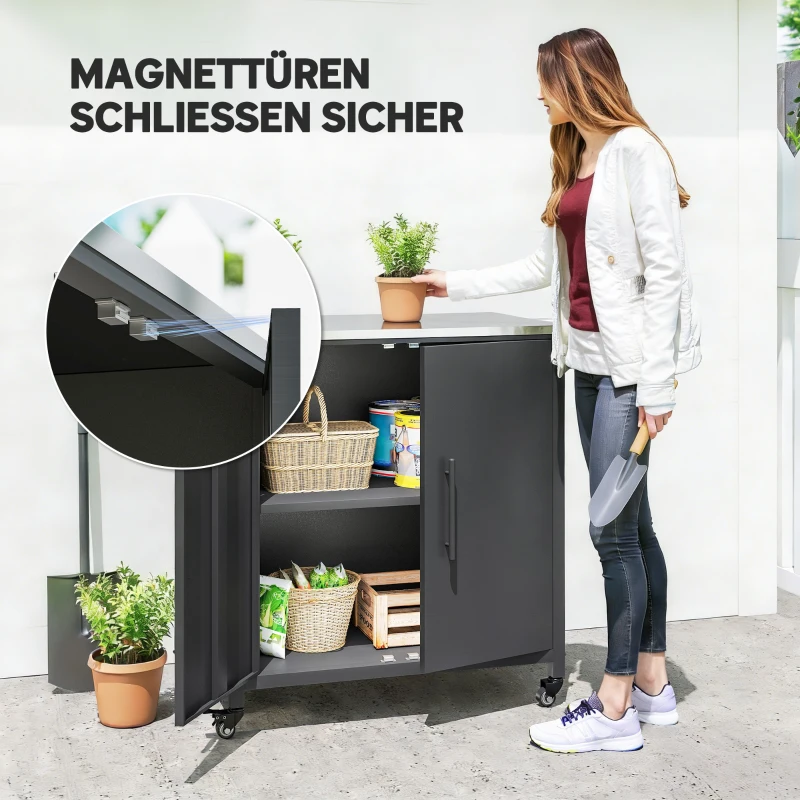 Outsunny Gartenschrank mit Pflanztisch Geräteschuppen mit Edelstahl Arbeitsplatte abnehmbar Regal magnetisch Doppeltür Rolle