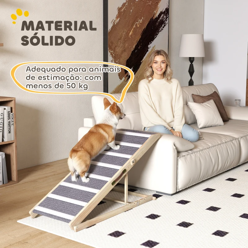 PawHut Rampa para Cães Dobrável com Altura Ajustável 41-60 cm e Tapete Antiderrapante 120x50x60 cm Madeira e Cinza