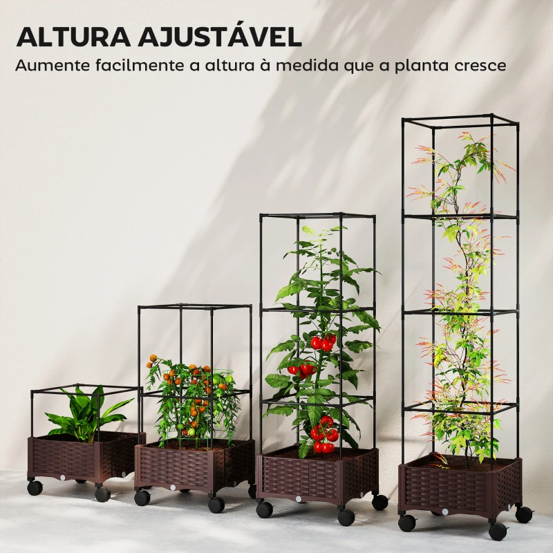 Outsunny Floreira com Treliça e Rodas com Drenagem para Cultivo de Vegetais Flores e Ervas Aromáticas 40x40x165 cm Castanho