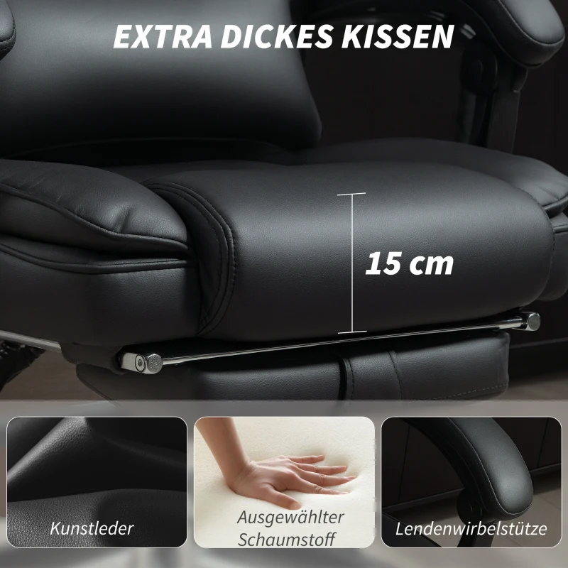 HOMCOM Bürostuhl Ergonomischer Höhenverstellbarer Drehstuhl mit Lendenwirbelstütze, Armlehne, Fußstütze, PU-Leder, Schwarz