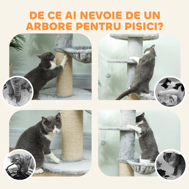 PawHut Copac pentru Zgâriat pentru Pisici, Înalt de 103,5 cm, cu Pat și Hamac, Acoperit cu Pluș, Gri Deschis
