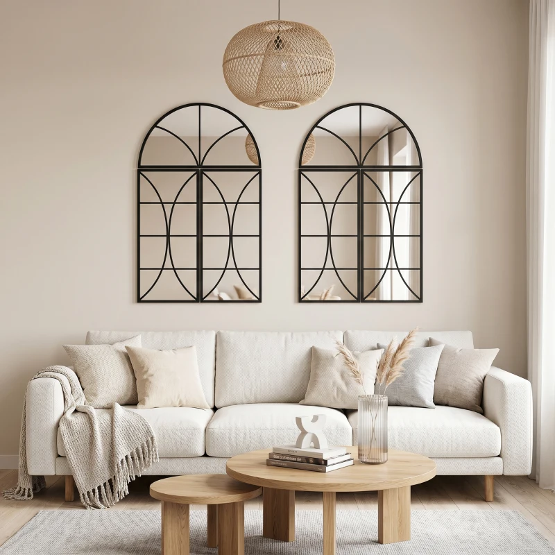 HOMCOM Miroir mural arqué 80 x 120 cm, lot de 3 pièces, miroir verrière en forme de fenêtre, verre trempé et métal, noir