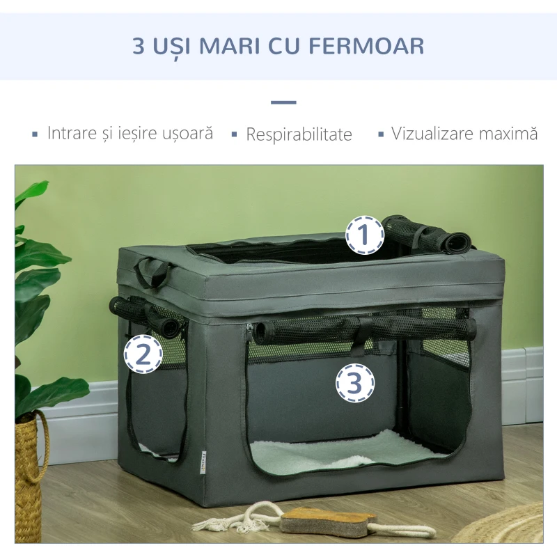 PawHut Geantă de Transport Moale pentru Câini Mini și Pisici, Cușcă de Călătorie cu Pernă Detașabilă, Geantă de Transport și Uși Din Plasă Respirabilă, 60x42x42 cm, Gri