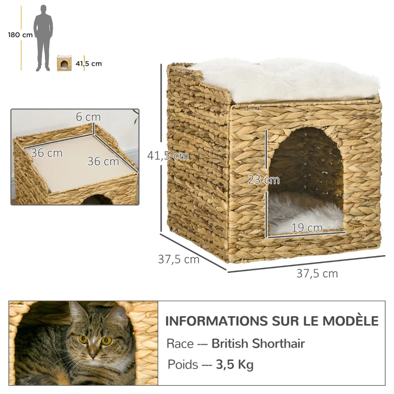 PawHut Niche pour chat 2 niveaux avec 2 coussins en jacinthe d'eau - 37,5 x 37,5 x 41,5 cm marron crème