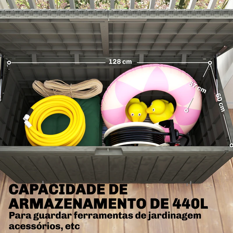 Outsunny Baú Exterior Capacidade 440L em Resina Resistente à Água e aos Raios UV com Tampa Bloqueável 133x62x65 cm Castanho