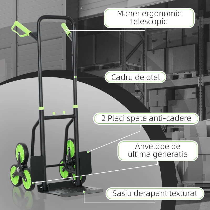 DURHAND Cărucior Portbagaj pentru Scări cu 6 Roți, Pliabil, Capacitate 120kg, din Oțel, pentru Mutări, Grădinărit, Verde
