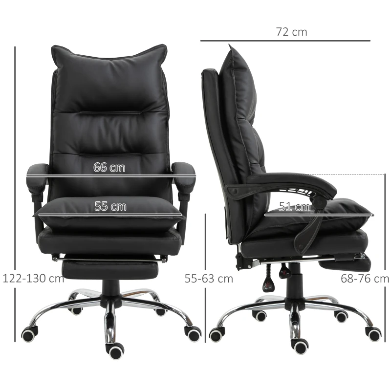 Vinsetto Bürostuhl Ergonomischer Schreibtischstuhl mit Armlehne, Fußstütze, Höhenverstellbarer Drehstuhl aus Kunstleder, Gepolstert Computerstuhl, Schwarz