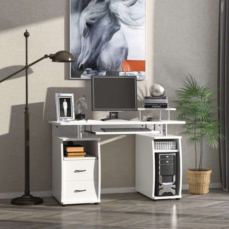 HOMCOM Mesa de Computador com Prateleiras 2 Gavetas Bandeja de Teclado e Suporte para Monitor e CPU 120x55x85 cm Branco