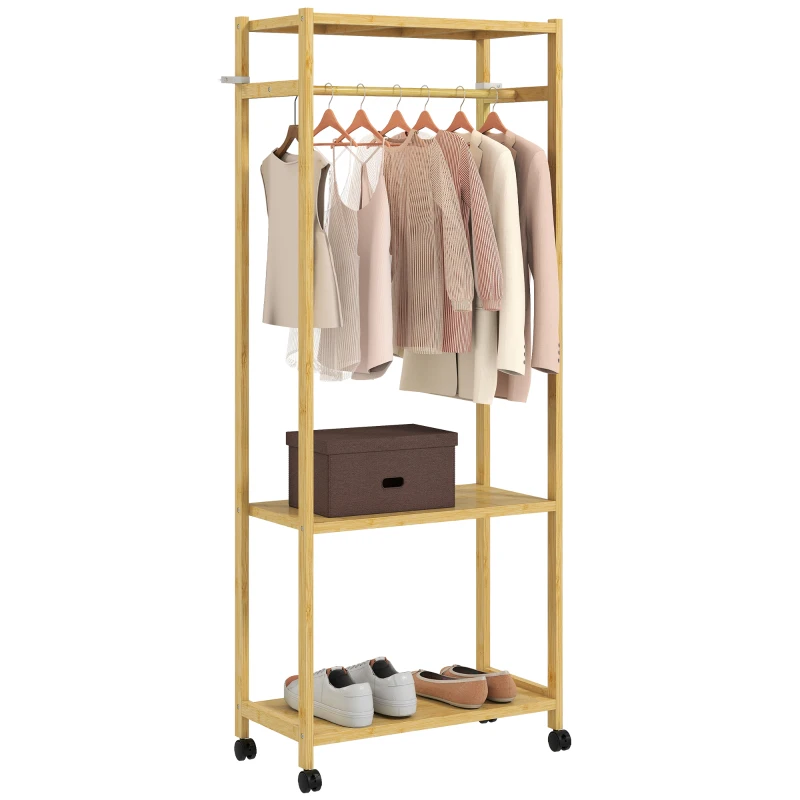 HOMCOM Suport de haine din bambus, cu bară, rafturi și 4 roți, 70x35x175 cm, lemn natural