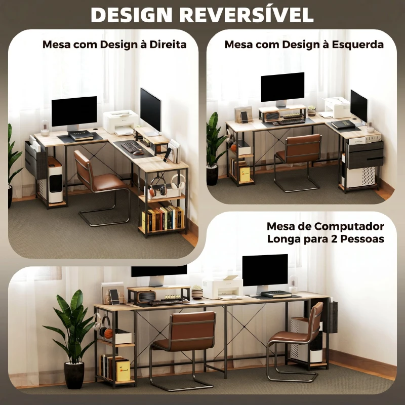HOMCOM Secretária de Canto Reversível em L 168-240 cm Industrial com Suporte para Monitor e CPU, Prateleiras e Bolsa Lateral, Natural