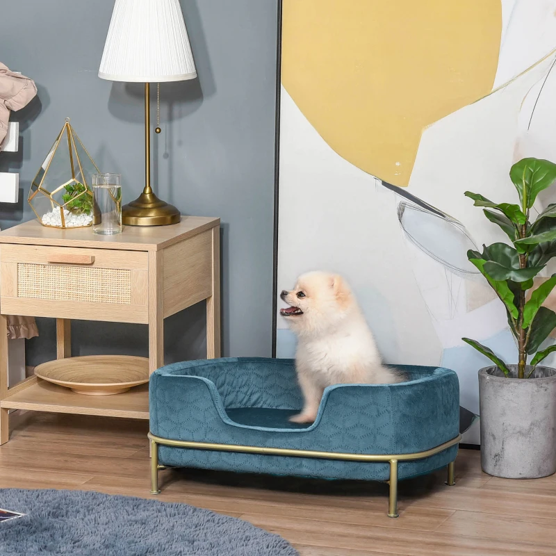 PawHut Hundesofa mit Rückenlehne Haustiersofa mit Metallbeinen Hundebett Weichem Bezug Katzensofa Metall Blau+Gold 63,5 x 43 x 24,5 cm