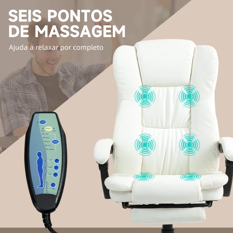 Vinsetto Cadeira de Escritório com Altura Ajustável 6 Pontos de Massagem e Apoio para os Pés Retrátil 68,5x68,5x113-121 cm Creme
