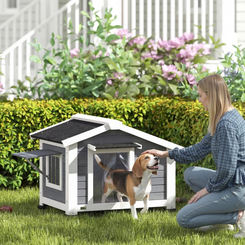 PawHut Hundehütte wetterfestes Hundehaus aus Holz mit herausnehmbarem Boden Asphaltdach öffnendem Fenster 98x76x69,5 cm Grau