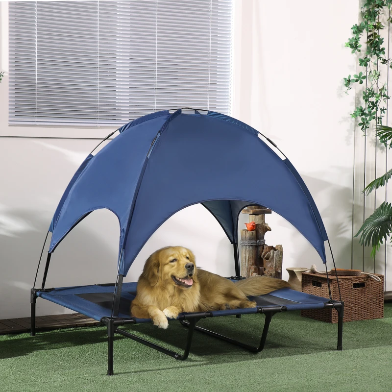 PawHut Outdoor-Hundeschlafplatz Wetterfestes Hundebett, mit Baldachin, klappbar, 122 x 92 x 108 cm, Blau + Schwarz