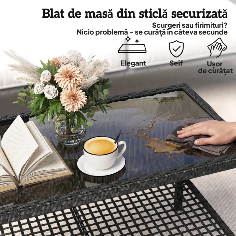 Outsunny Măsuță de Cafea din Ratan pe 2 Niveluri cu Raft, Blat din Sticlă Securizată, Măsuță de Exterior cu Cadru din Oțel, 92x50x45 cm, Negru