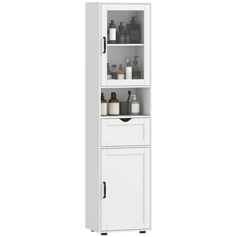 HOMCOM Mobilier Baie Slim cu Dulapuri și Ușă din Sticlă, Mobil Economisitor de Spațiu cu Raft Deschis, Sertar, Rafturi Reglabile, Coloană Modernă, 40x30x165 cm, Alb