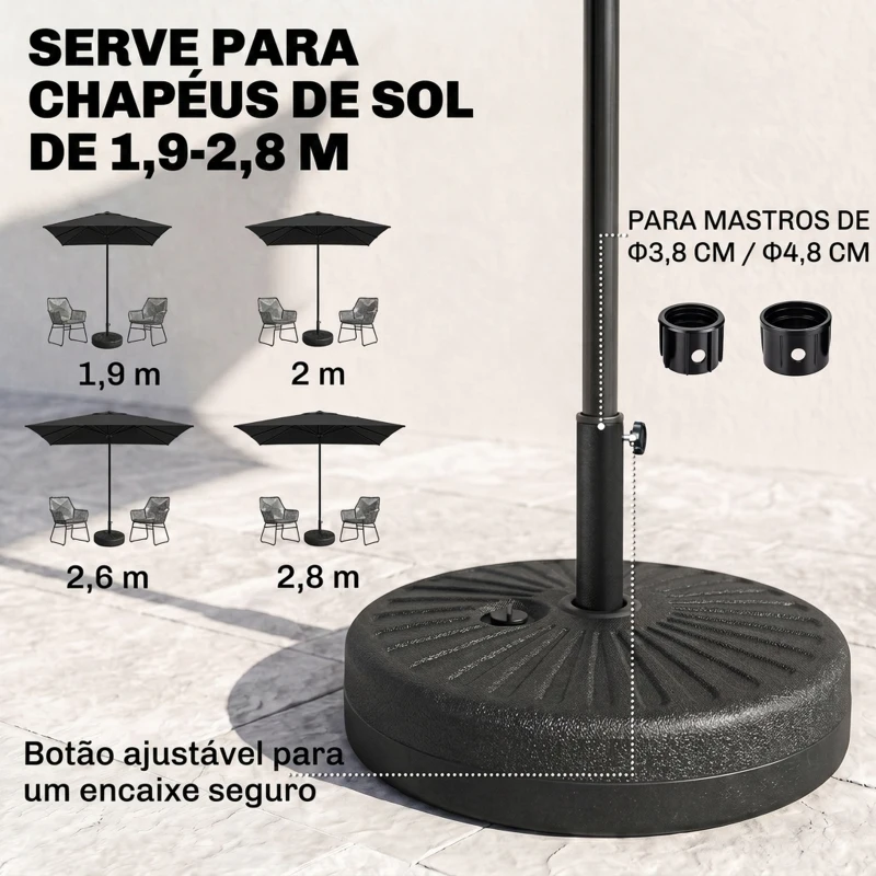 Outsunny Base de Chapéu de Sol de Jardim Recarregável de Água 22kg Suporte de Chapéu de Sol Redondo para Mastros de 38mm/48mm Portátil para Terraço Pátio Ø51x28cm Preto