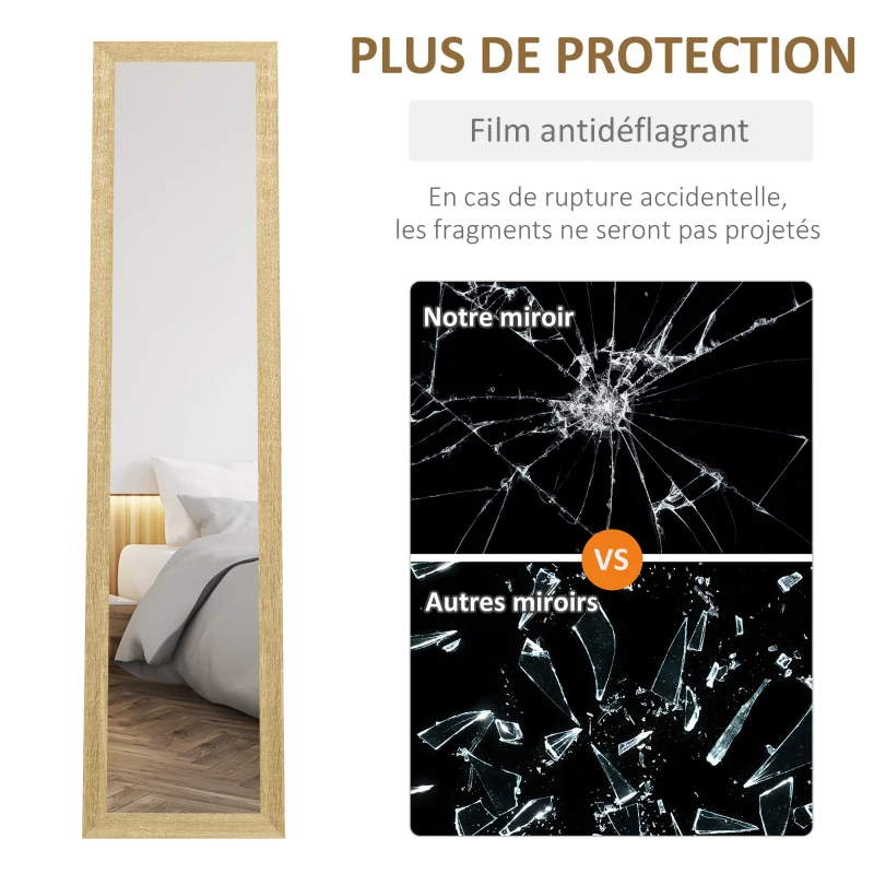 HOMCOM Miroir sur pied mural ou à poser rectangulaire avec cadre en bois pour salon chambre à coucher 37 x 155 cm marron clair