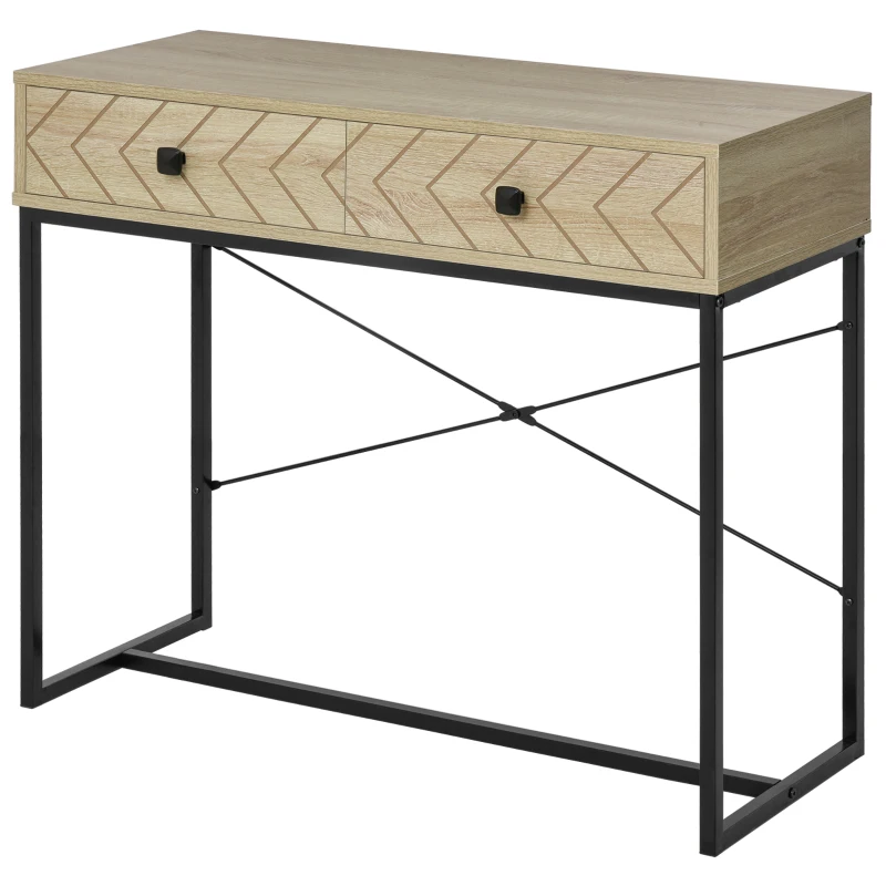 HOMCOM Mesa Consola 90x35x76cm Mesa de Entrada com 2 Gavetas de Armazenamento Decorativos e Estrutura de Metal para Entrada Corredor Sala de Estar Natural
