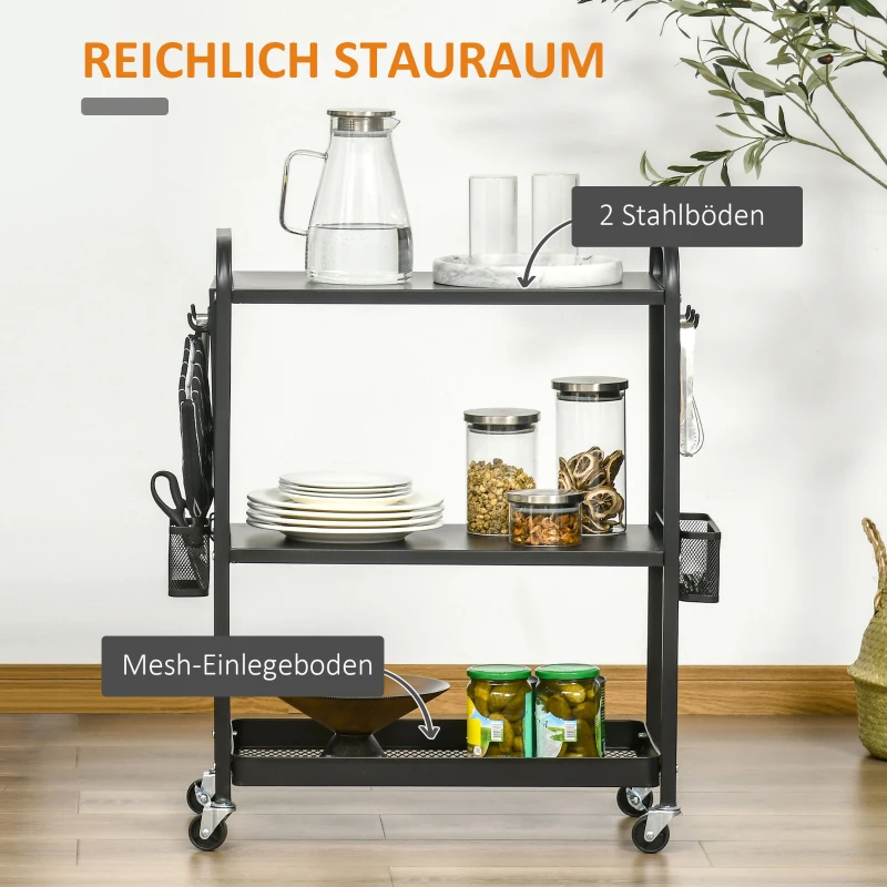 HOMCOM Rollwagen Küchenwagen mit Rollen Küchenregal Metallregal mit 2 Ebenen Badregal Aufbewahrungswagen Servierwagen Stahl Schwarz 70 x 33,4 x 80,5 cm