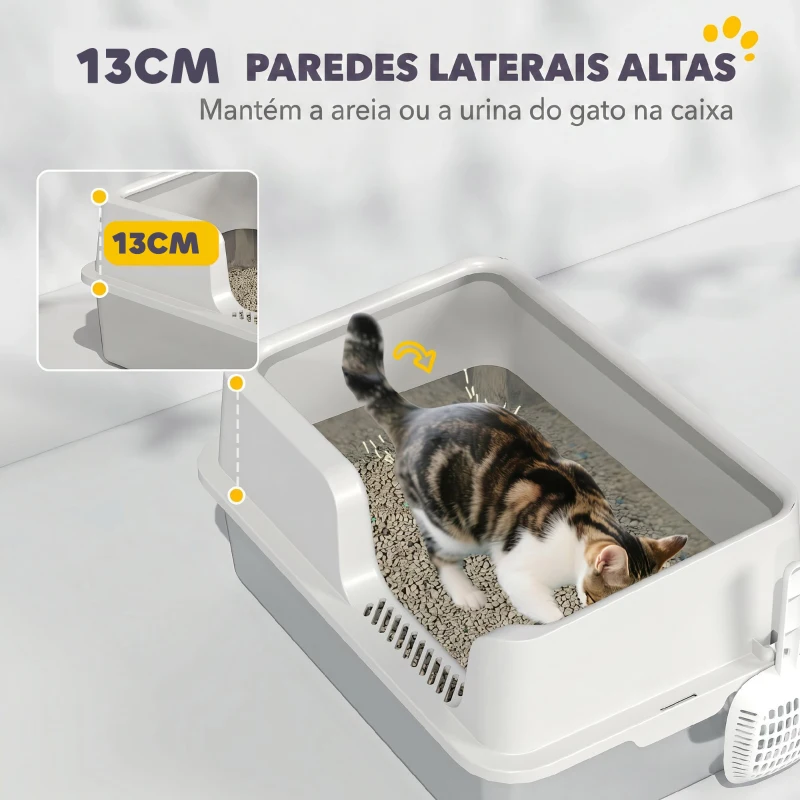 PawHut Caixa de Areia XL em Aço Inoxidável para Gatos Grandes com Borda Alta e Pá, Cinzento-claro