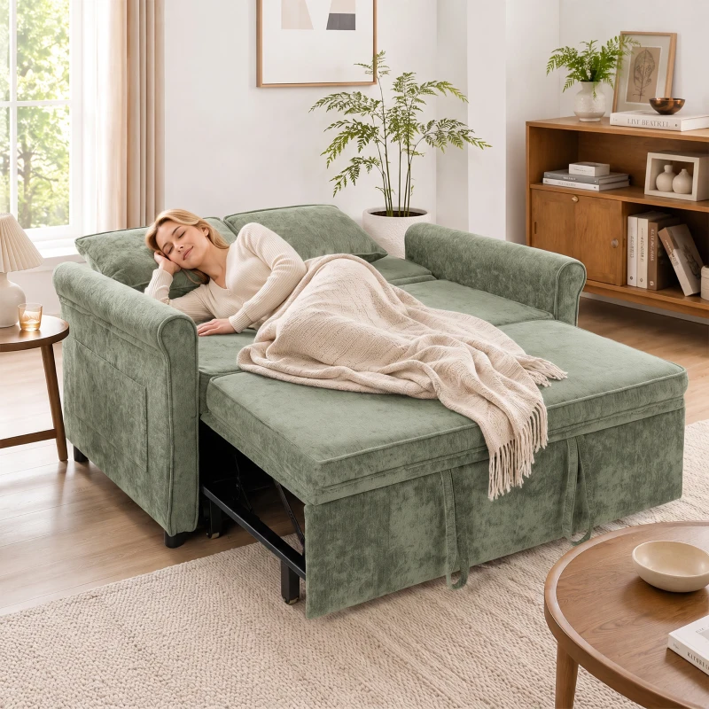 HOMCOM 2 Seater Sofa Bed 3-in-1 Convertible Chenille Pull Out Sleeper Sofa with 5-Position Adjustable Backrest, Light Green