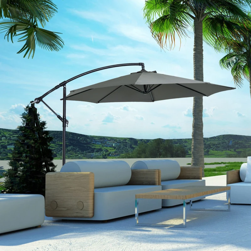 Outsunny Chapéu de Sol de Jardim Ø295x245 cm Chapéu de Sol Excêntrico Inclinável com Manivela Base Cruzada Cinza