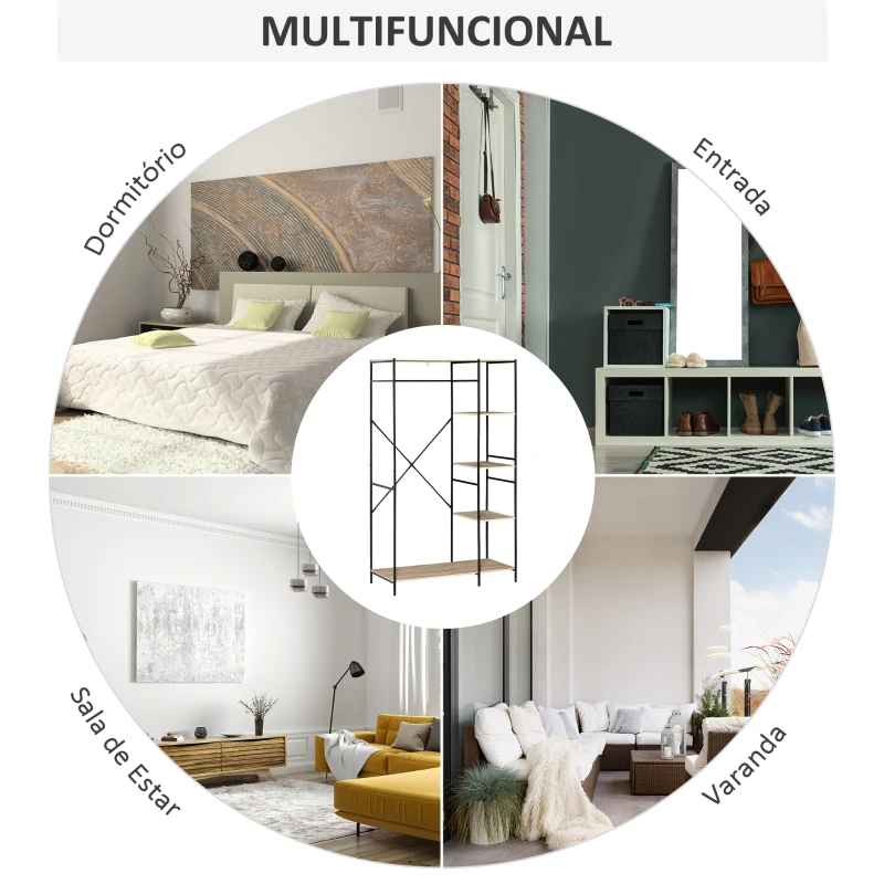HOMCOM Suporte para Cabides Cabideiro de Madeira com 4 Prateleiras de Arrumação e Barra de Pendurar 100x46x170,5cm Madeira e Preto