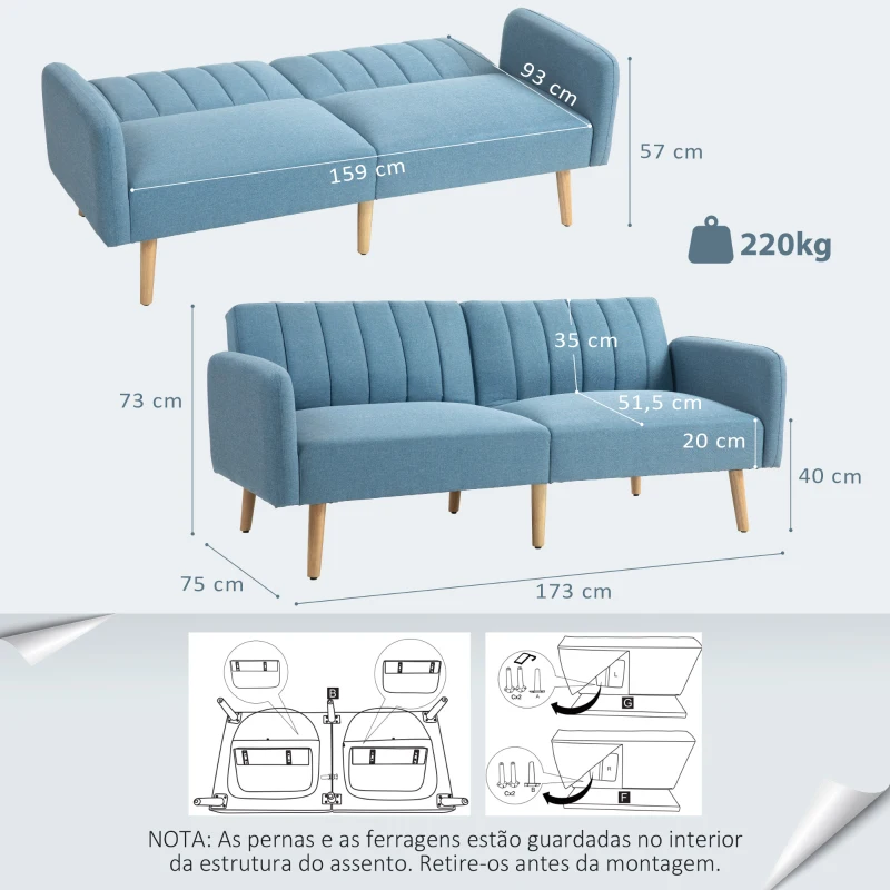 HOMCOM Sofá Cama de 2 Lugares com Encosto Ajustável em 3 Posições Apoio para os Braços e Pés de Madeira 173x75x73 cm Azul Claro