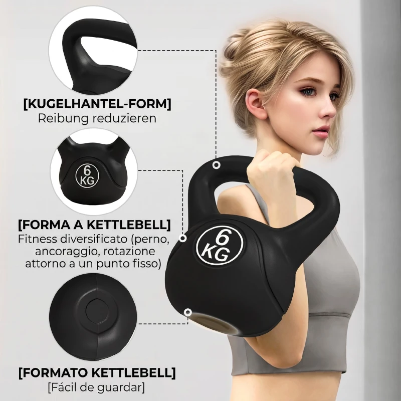 HOMCOM Kettlebell 6kg din plastic și nisip cu bază plată și mâner, 20x13x22 cm, negru