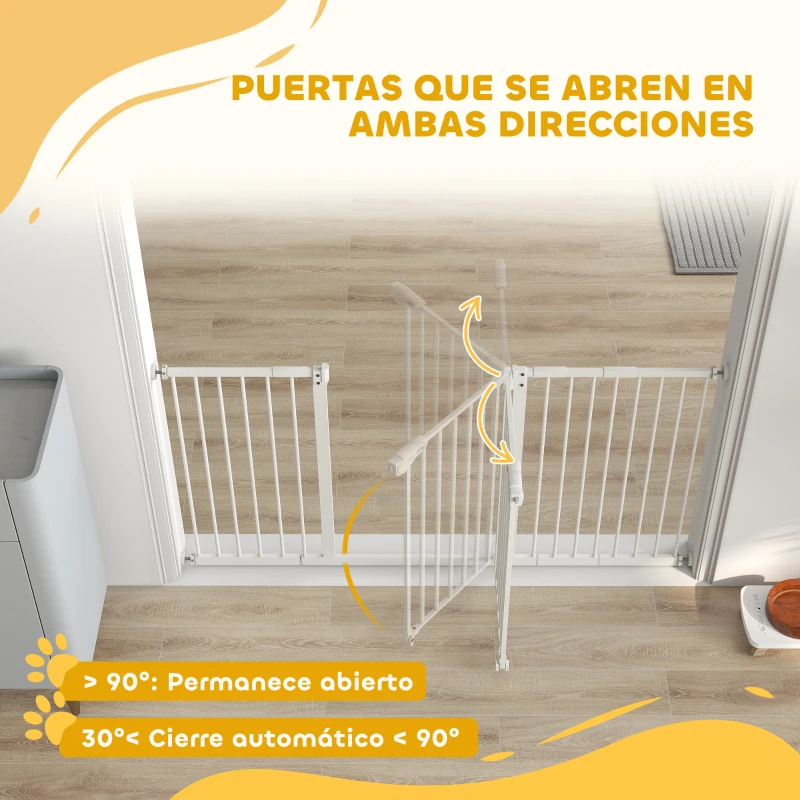 PawHut Barrera de Seguridad Extensible con Cierre Automático y Sistema de Doble Bloqueo Metal 74-147,5x76,2 cm Blanco