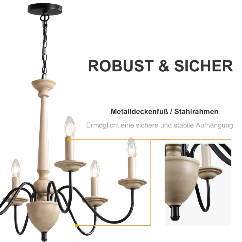 HOMCOM Kronleuchter Hängelampe 6-flammig Pendelleuchte mit Glas königlich traditionell klassisch mit 6 Armen, Stahl, Schwarz+Holzfarbe, 60x60x105 cm