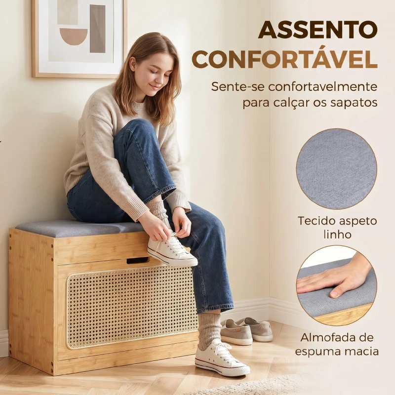 HOMCOM Banco Sapateira de Entrada com Assento Acolchoado Gaveta Basculante Porta de Vime 63x29x48 cm Madeira e Cinzento