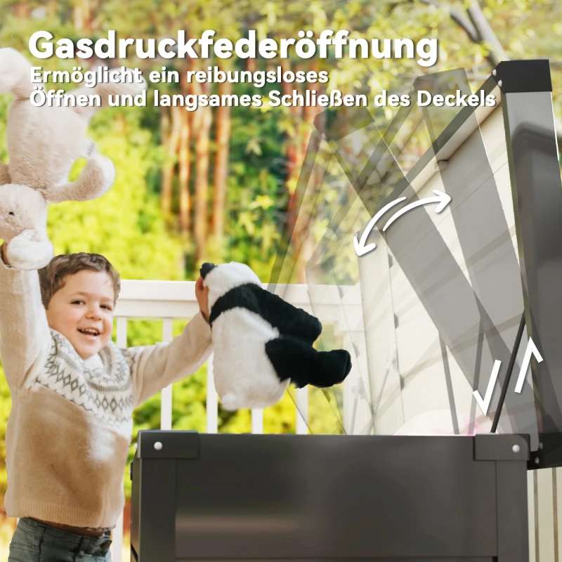 Outsunny Gartenbox Metall 350L Kissenbox mit doppelwandig Deckel 120 x 61 x 62 cm Wasserdicht Abschließbar Grau
