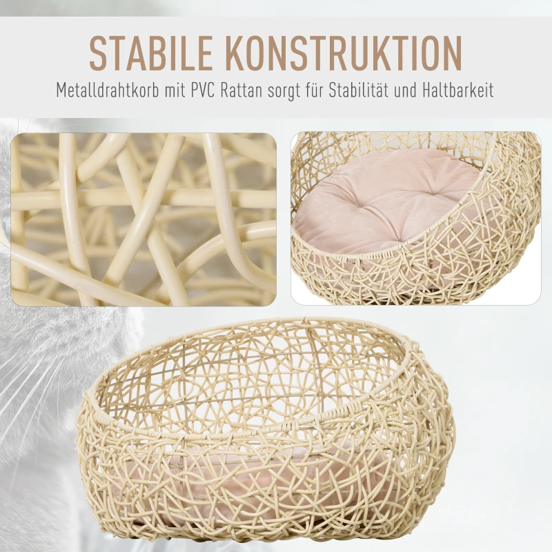 PawHut Rattan Katzenhöhle Katzenbett Katzenhaus mit Kissen Katzenzelt Haustierhaus für Katzen Hunde Beige Ø56 x 35 cm