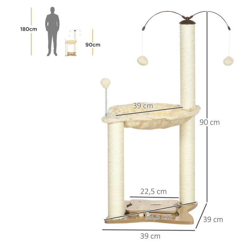 PawHut Árvore Arranhador para Gatos com Rede Postes de Sisal com Bolas Suspensas Giratórias e Múltiplos Jogos 53,5x53,5x90cm Bege