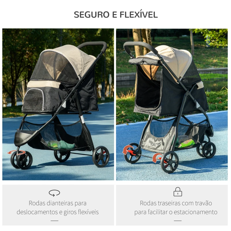 PawHut Carrinho para Cães Dobrável para Cães Pequenos com Cesta de Armazenamento Janela de Malha Capa para Chuva 80,5x51,5x100 cm Caqui