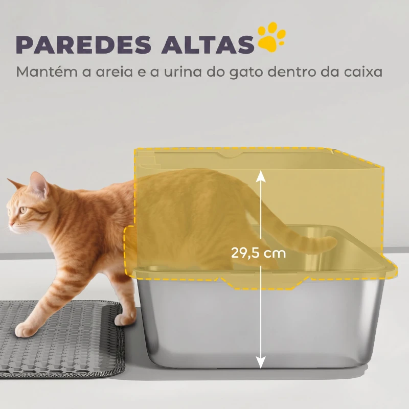 PawHut Caixa de Areia para Gatos XL em Aço Inoxidável com Borda Alta, Pá, Fácil de Limpar, Anti-Derrame, 60x40x29,5 cm, Cinzento