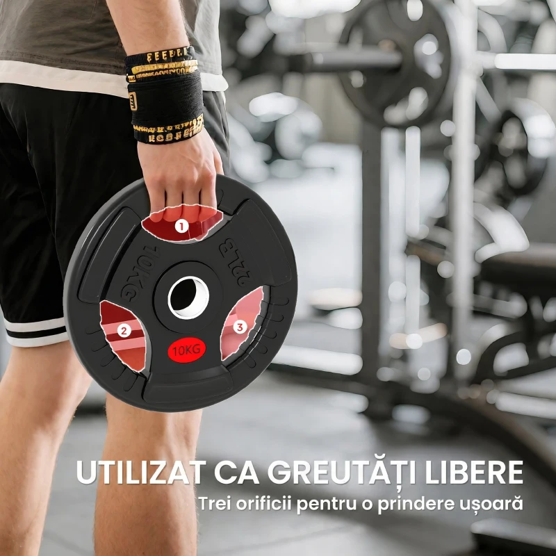 SPORTNOW Set Discuri Greutăți 2 x 10 kg cu Orificiu de 5 cm și 3 Mânere, Oțel cu Acoperire din Plastic, Negru