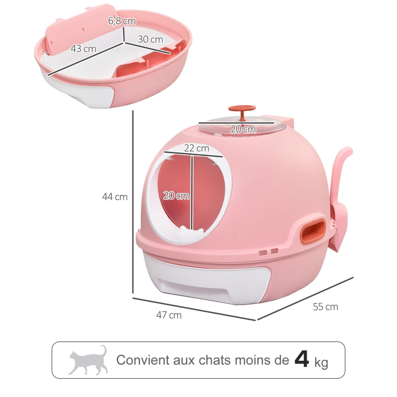 PawHut Bac à litière pour chat maison de toilette portable pour chat tiroir à litière coulissant porte battante lucarne + pelle fournis dim. 47L x 55l x 44H cm rose